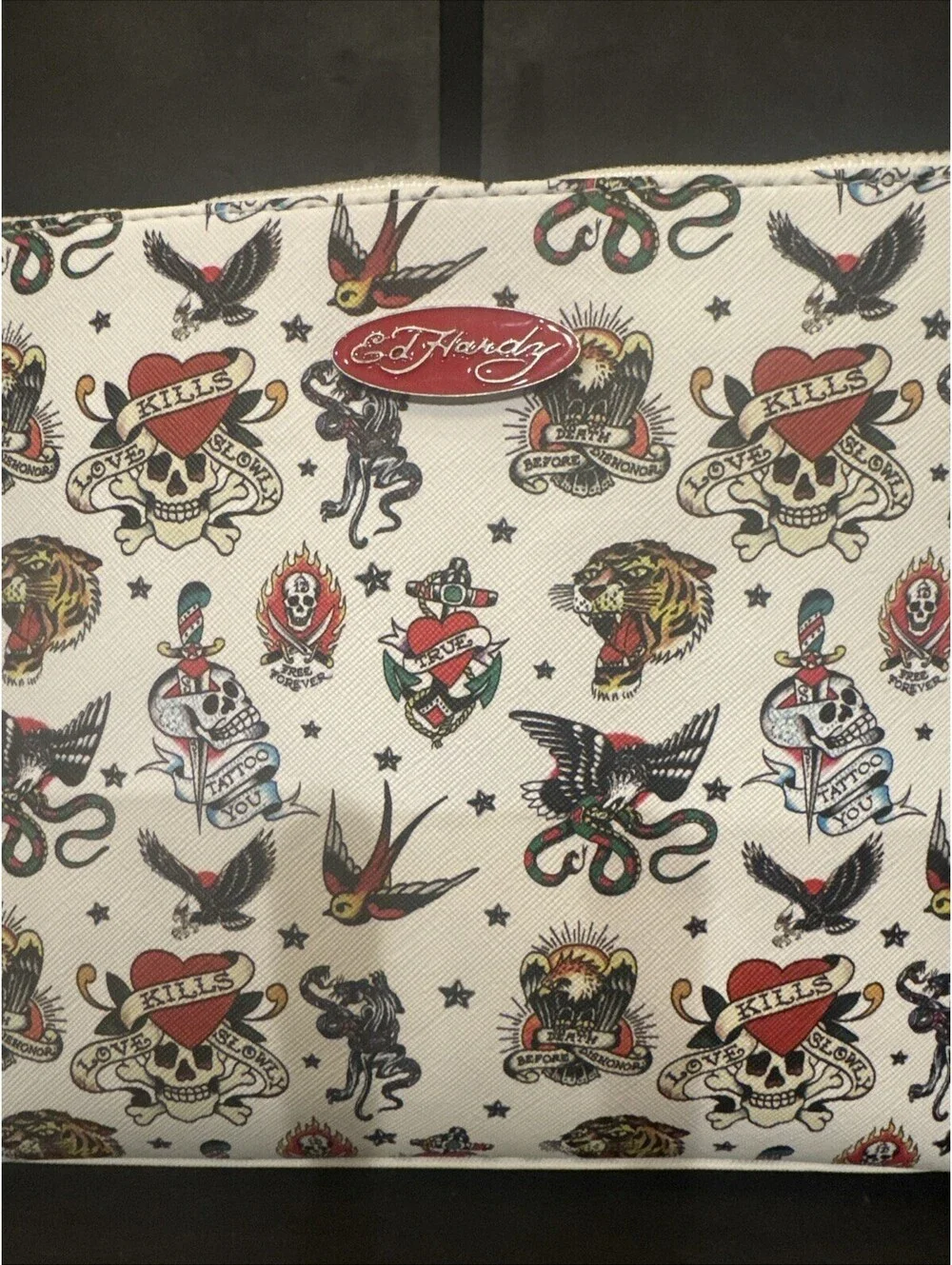 NWT Ed Hardy Clutch Cosmetic Bag White Tattoo  Y2K Style 12” W By 8” H Spacious